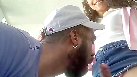 Ebony hottie sucks her boyfriend deep throat on the couch